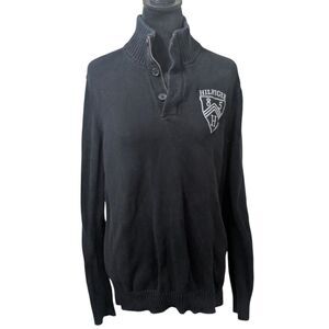 TOMMY HILFIGER Mock Neck Sweater M Black 100% Cotton Half Zip Prep Crest